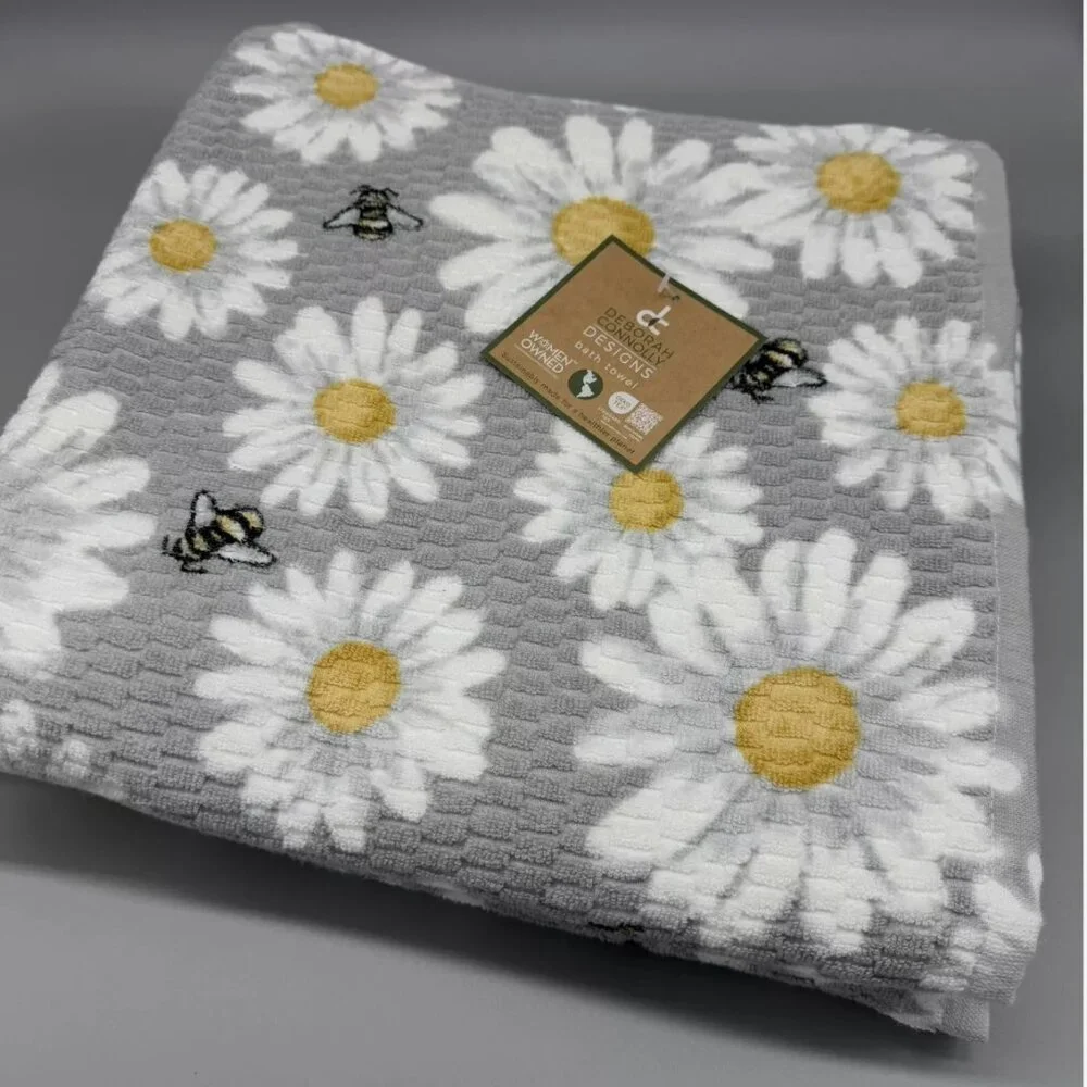 4pc Deborah Connolly Bumble Bee Bath Hand Towel Set Gray Daisy Floral Textured